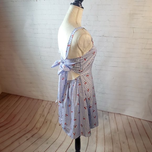 Cherries & Blue Gingham Dress with Back Tie/Bow - Picture 3 of 6